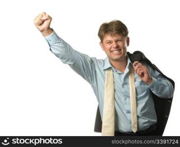 The young businessman - the winner. Expression of pleasure, strong emotion. It is isolated on a white background