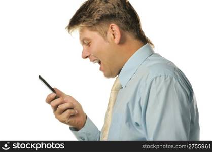 The young businessman with a mobile phone. Shouting in phone. It is isolated on a white background
