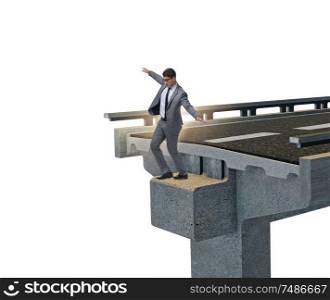 The young businessman with broken bridge isolated on white. Young businessman with broken bridge isolated on white