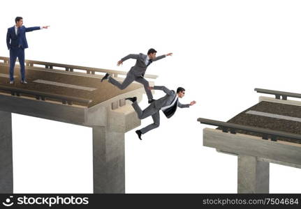 The young businessman with broken bridge isolated on white. Young businessman with broken bridge isolated on white