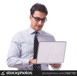 The young businessman with laptop isolated on white background. Young businessman with laptop isolated on white background