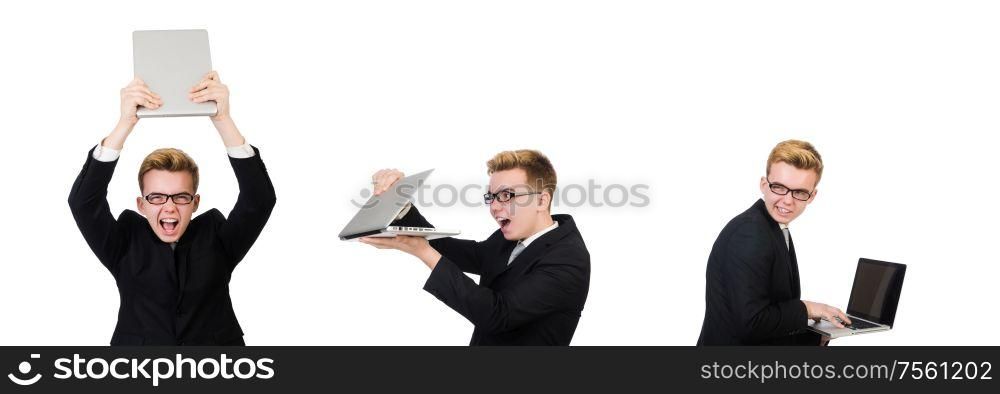 The young businessman with laptop isolated on white. Young businessman with laptop isolated on white