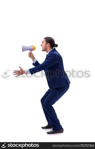 The young businessman with loudspeaker isolated on white. Young businessman with loudspeaker isolated on white
