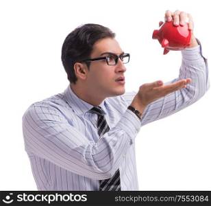 The young businessman with piggybank isolated on white background. Young businessman with piggybank isolated on white background