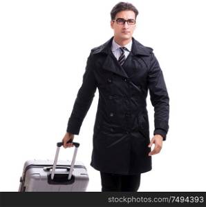 The young businessman with suitcase ready for business trip on white. Young businessman with suitcase ready for business trip on white