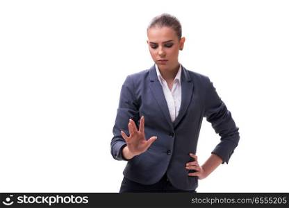 The young businesswoman pressing virtual button on white. Young businesswoman pressing virtual button on white
