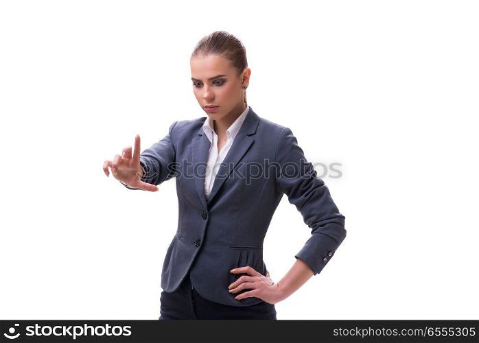 The young businesswoman pressing virtual button on white. Young businesswoman pressing virtual button on white