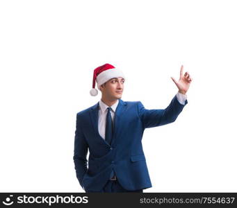 The young busnessman wearing santa hat in christmas concept on white. Young busnessman wearing santa hat in christmas concept on white