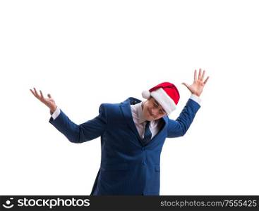 The young busnessman wearing santa hat in christmas concept on white. Young busnessman wearing santa hat in christmas concept on white