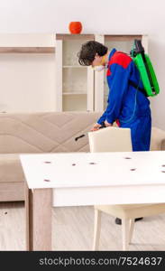 The young contractor doing pest control at home. Young contractor doing pest control at home