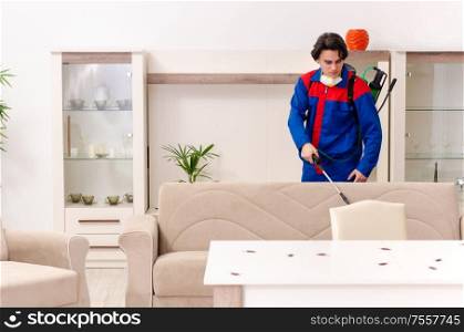The young contractor doing pest control at home. Young contractor doing pest control at home