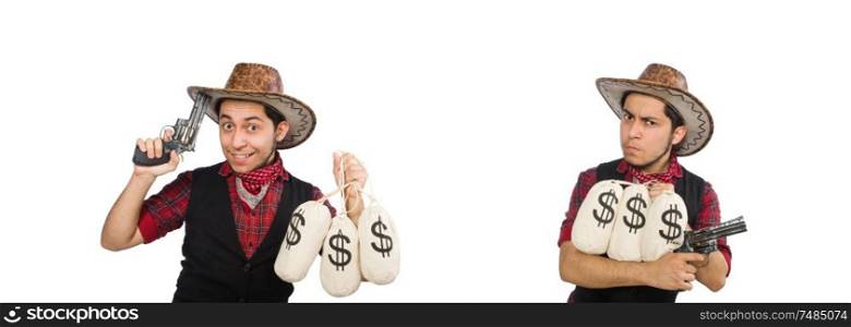 The young cowboy with gun and money bags isolated on white. Young cowboy with gun and money bags isolated on white