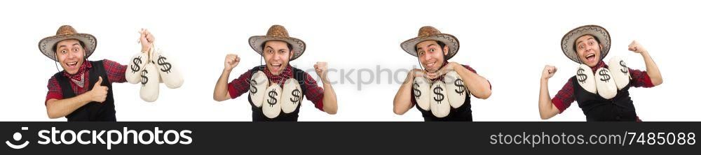 The young cowboy with money bags isolated on white. Young cowboy with money bags isolated on white