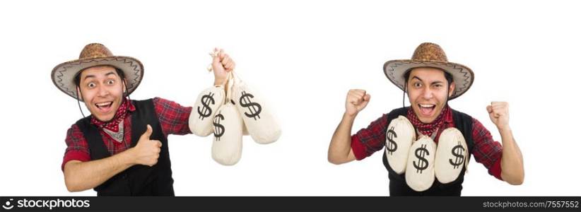 The young cowboy with money bags isolated on white. Young cowboy with money bags isolated on white