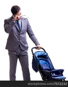 The young dad businessman with baby pram isolated on white. Young dad businessman with baby pram isolated on white