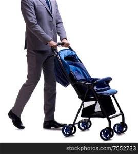 The young dad businessman with baby pram isolated on white. Young dad businessman with baby pram isolated on white