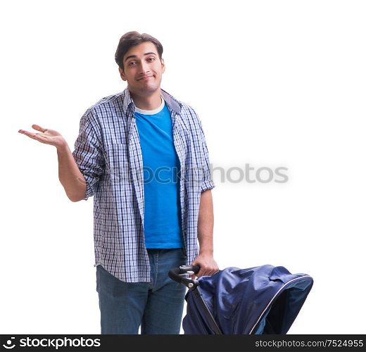 The young dad with child pram isolated on white. Young dad with child pram isolated on white