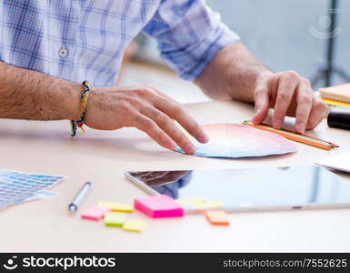 The young designer working in his studio on new project. Young designer working in his studio on new project