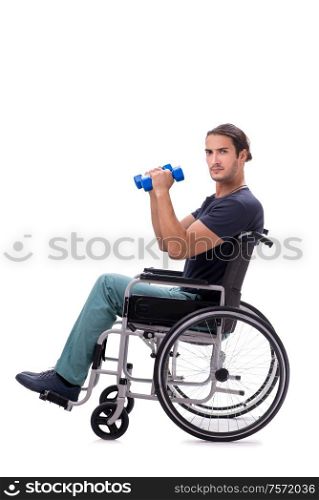 The young disabled man doing physical exercises isolated on white. Young disabled man doing physical exercises isolated on white