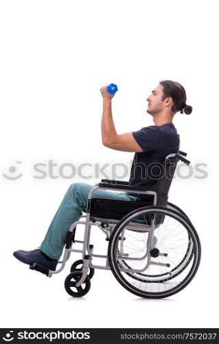 The young disabled man doing physical exercises isolated on white. Young disabled man doing physical exercises isolated on white