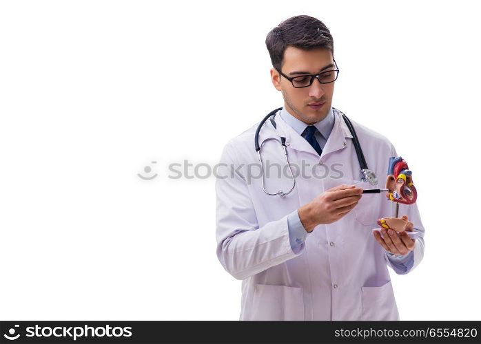 The young doctor with heart shape isolated on white. Young doctor with heart shape isolated on white