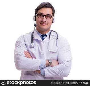 The young doctor with phone headset isolated on white. Young doctor with phone headset isolated on white