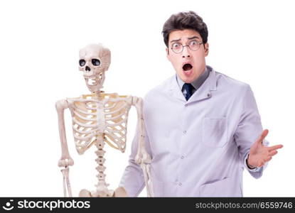 The young doctor with skeleton isolated on white. Young doctor with skeleton isolated on white