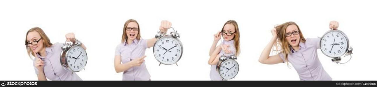 The young employee holding alarm clock isolated on white. Young employee holding alarm clock isolated on white