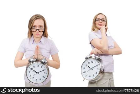 The young employee holding alarm clock isolated on white. Young employee holding alarm clock isolated on white