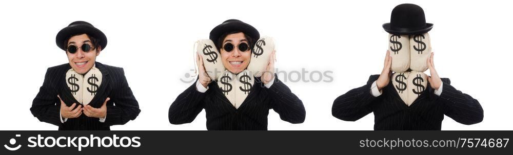 The young employee holding money bags isolated on white. Young employee holding money bags isolated on white