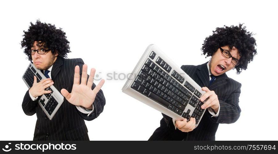 The young employee with keyboard isolated on white. Young employee with keyboard isolated on white