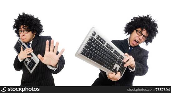 The young employee with keyboard isolated on white. Young employee with keyboard isolated on white
