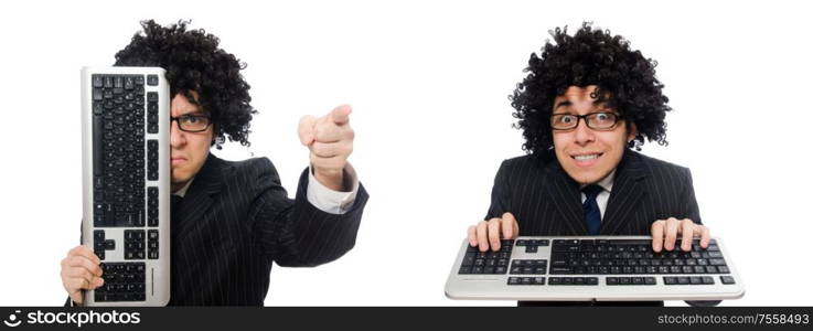 The young employee with keyboard isolated on white. Young employee with keyboard isolated on white