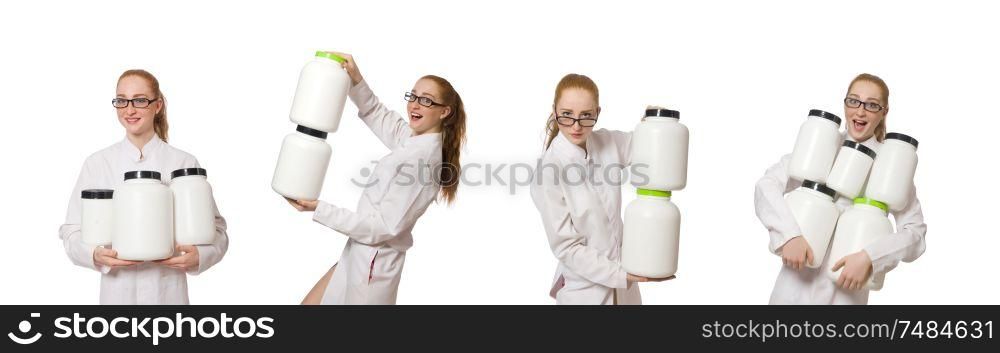 The young female doctor holding jar of protein isolated on white. Young female doctor holding jar of protein isolated on white