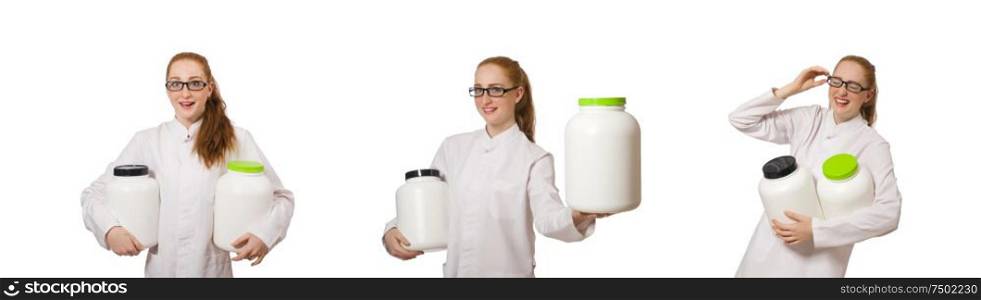 The young female doctor holding jar of protein isolated on white. Young female doctor holding jar of protein isolated on white
