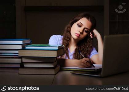 The young female student preparing for exams late at home. Young female student preparing for exams late at home