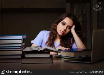 The young female student preparing for exams late at home. Young female student preparing for exams late at home