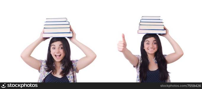 The young female student with books on white. Young female student with books on white