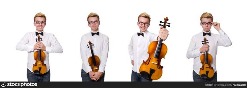 The young funny violin player isolated on white. Young funny violin player isolated on white