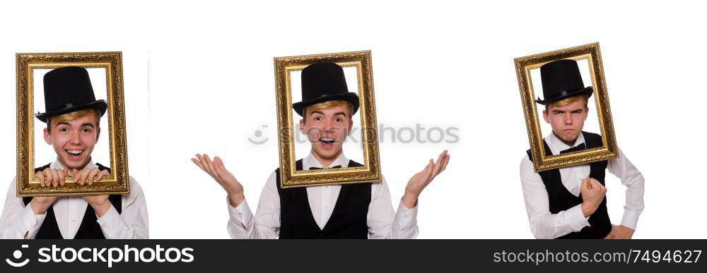 The young gentleman holding frame isolated on white. Young gentleman holding frame isolated on white