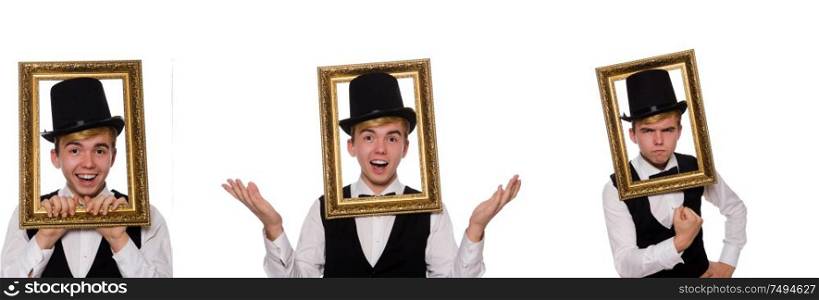 The young gentleman holding frame isolated on white. Young gentleman holding frame isolated on white