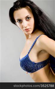 The young girl in dark blue linen with the big breast