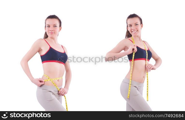 The young girl with centimeter in dieting concept. Young girl with centimeter in dieting concept