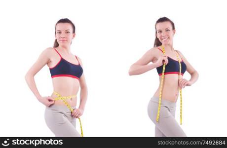 The young girl with centimeter in dieting concept. Young girl with centimeter in dieting concept