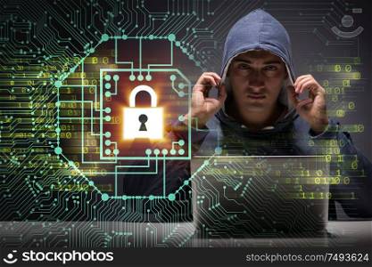 The young hacker in cybersecurty concept. Young hacker in cybersecurty concept