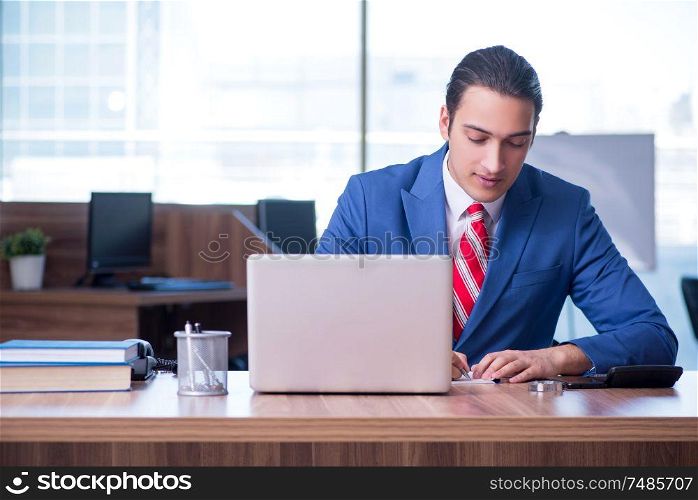 The young handsome businessman sitting in the office . Young handsome businessman sitting in the office