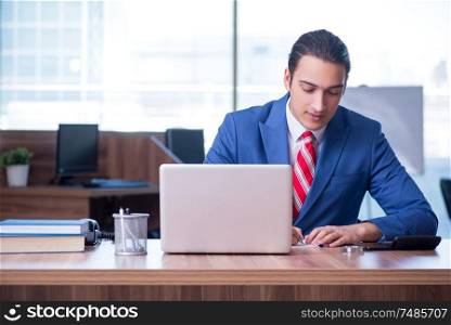 The young handsome businessman sitting in the office . Young handsome businessman sitting in the office