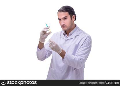 The young handsome doctor with syringe isolated on white. Young handsome doctor with syringe isolated on white