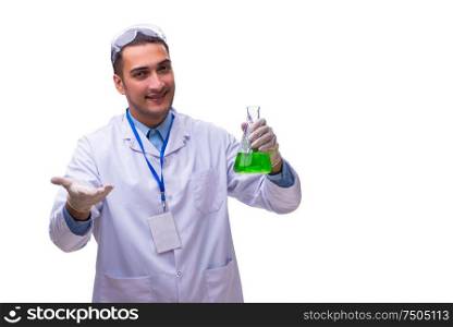 The young male chemist isolated on white. Young male chemist isolated on white