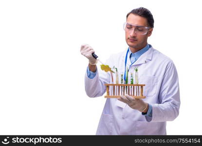 The young male chemist isolated on white. Young male chemist isolated on white